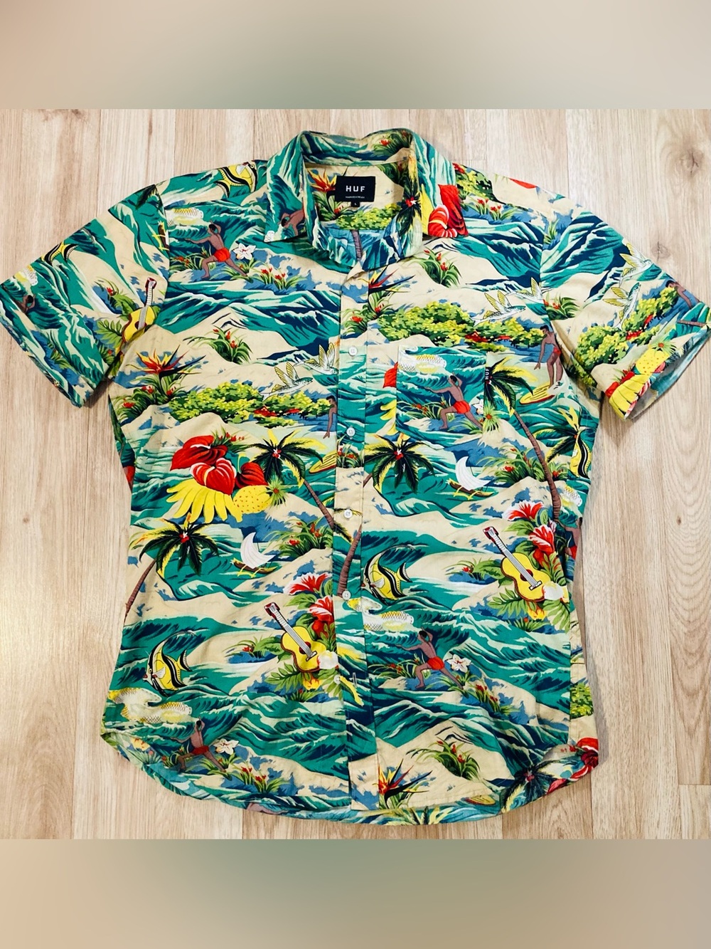 HUF Worldwide Hawaiian Aloha Button Down Shirt Hawaii Vintage Style USA L large